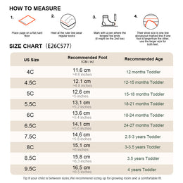 EBMINI SIDELINE toddler shoe size guide and measuring instructions