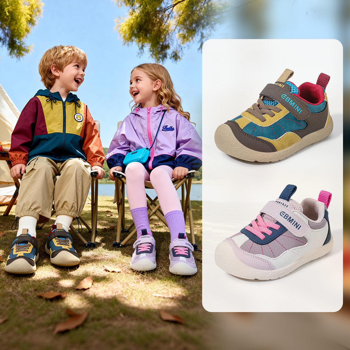 Child wearing blue EBMINI SKYPOP breathable toddler sneakers