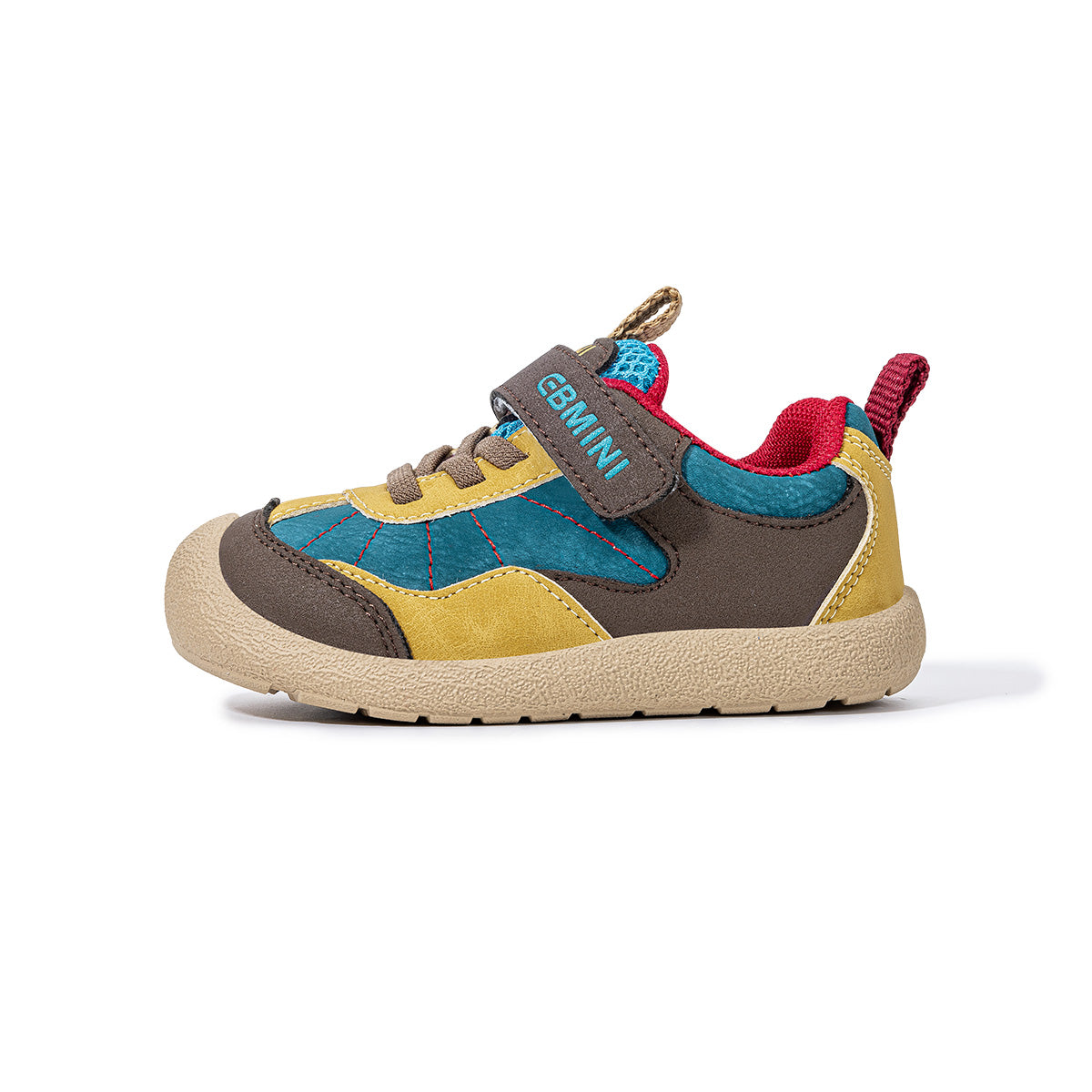 Side view of blue EBMINI SKYPOP color-block sneaker