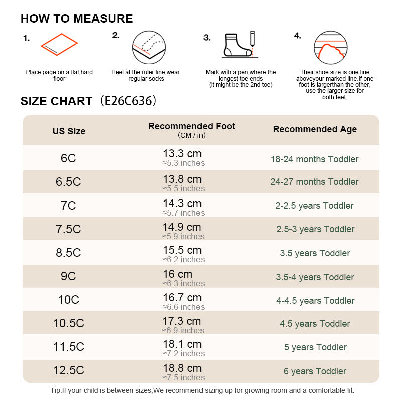 EBMINI SPIN toddler hiking sneaker size guide and foot measurement chart