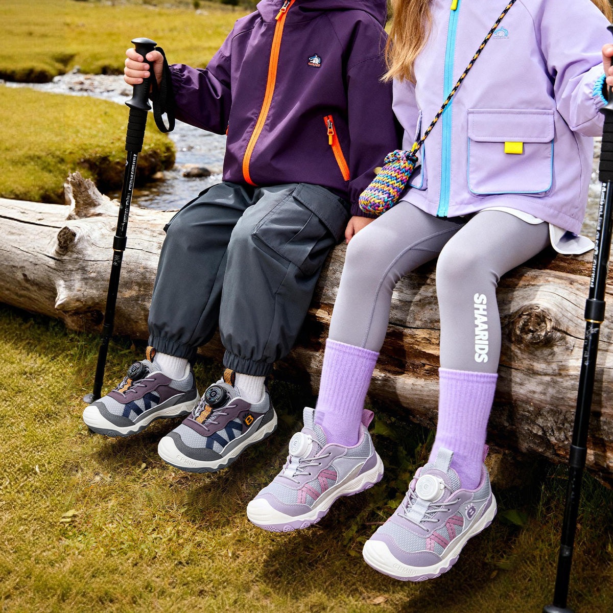 Child wearing EBMINI SPIN rotary-dial hiking sneakers outdoors