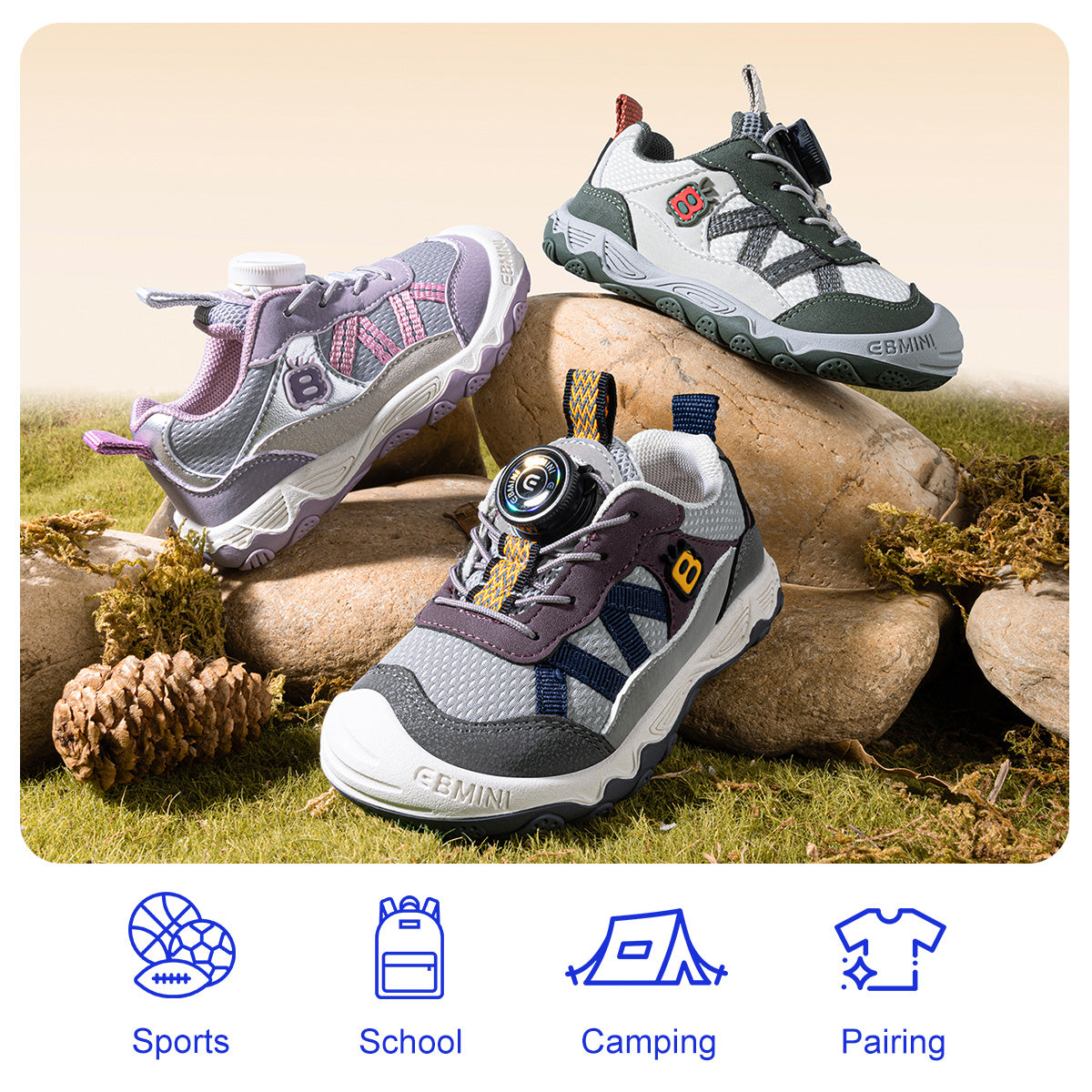 EBMINI SPIN green purple and gray outdoor sneaker color options