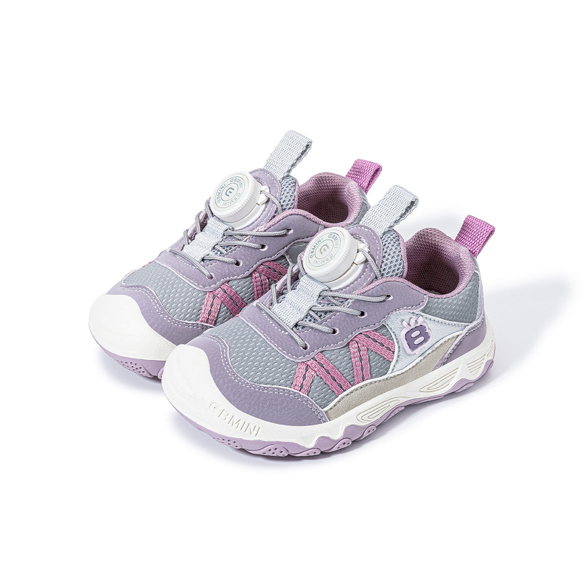 Pair of purple EBMINI SPIN rotary-dial toddler sneakers