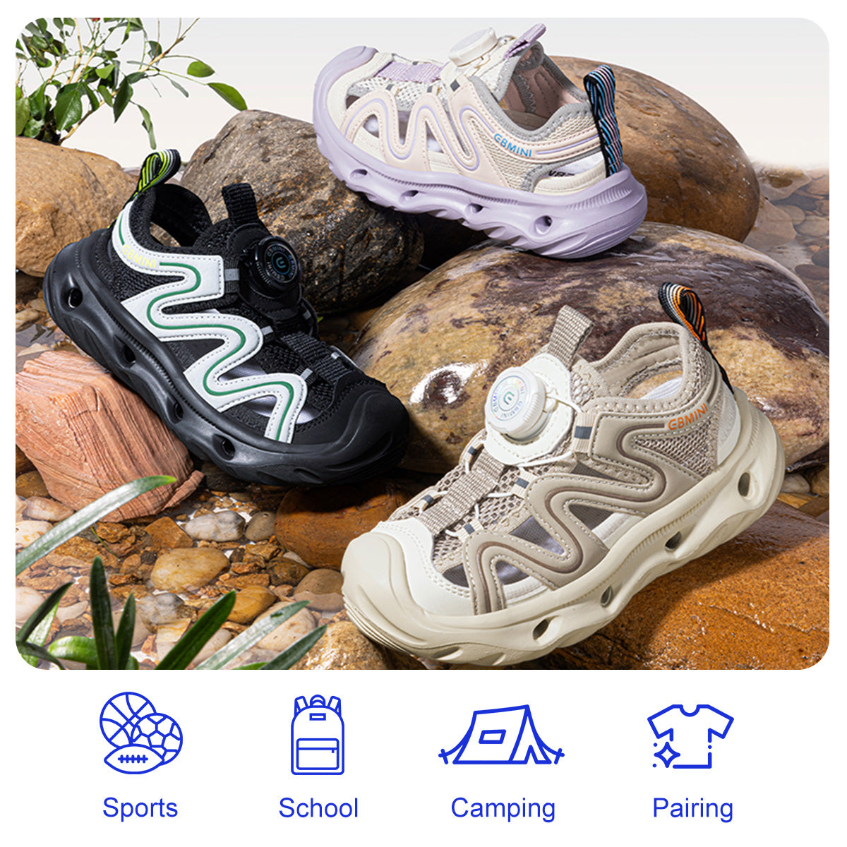 EBMINI SPIN beige black and purple adventure sandals