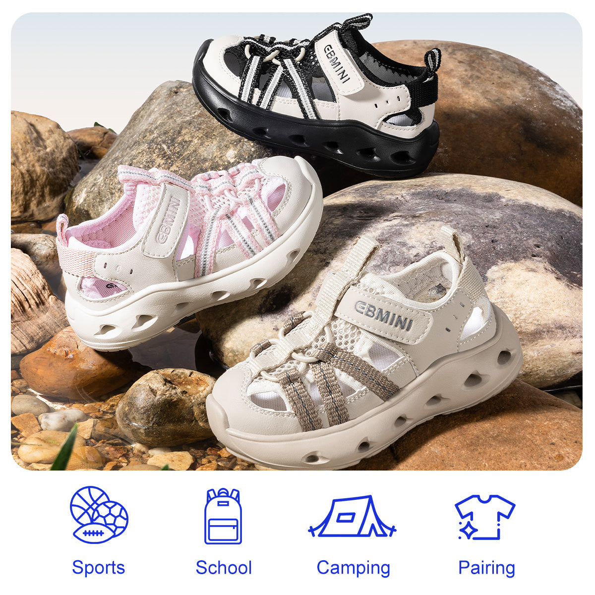 EBMINI SPLASH beige black and pink kids sandal color options