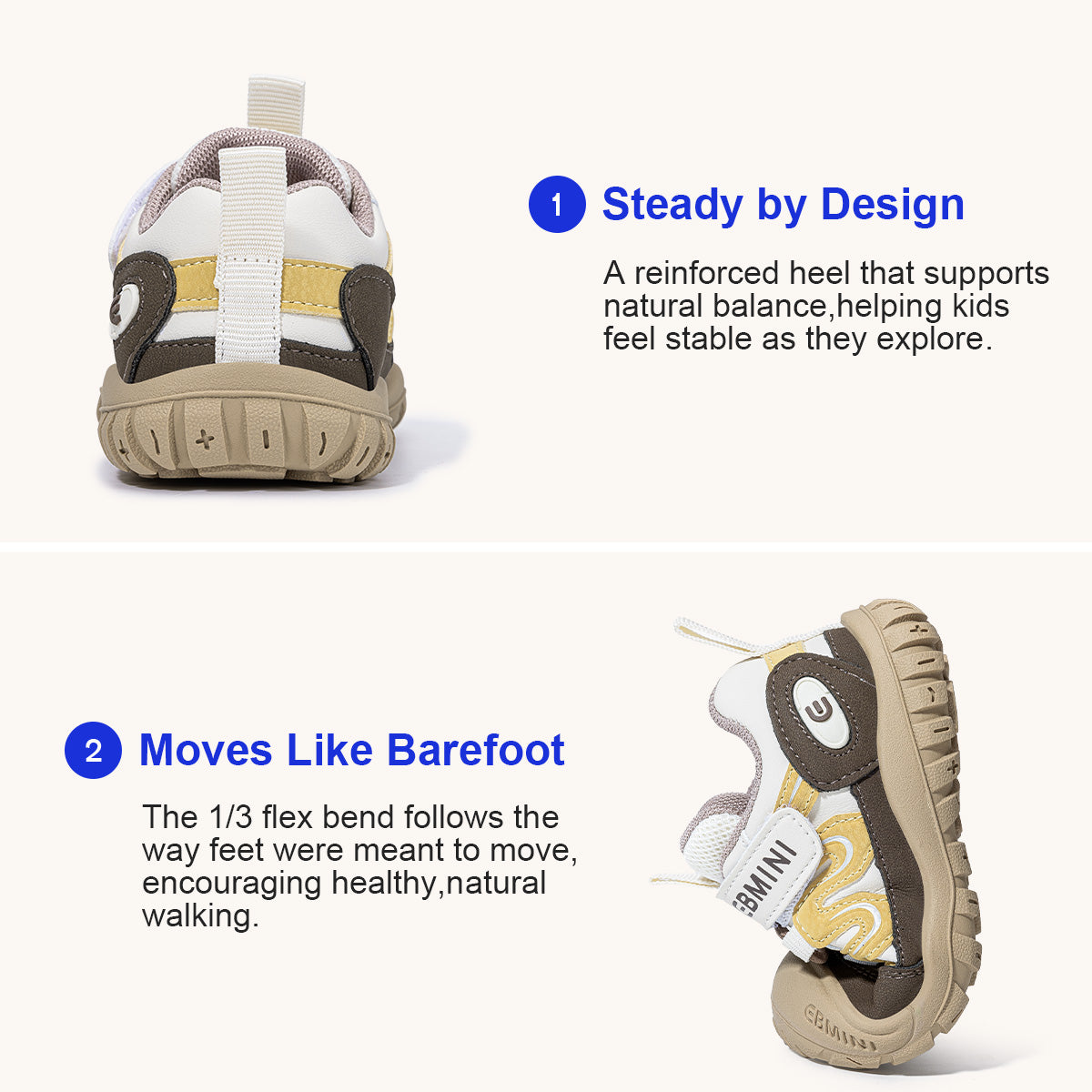 EBMINI SWIRL padded heel support and flexible sole demonstration