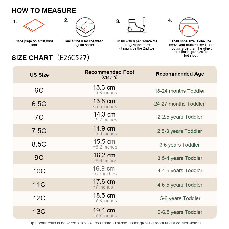 EBMINI TITAN toddler sneaker size guide and foot measurement chart