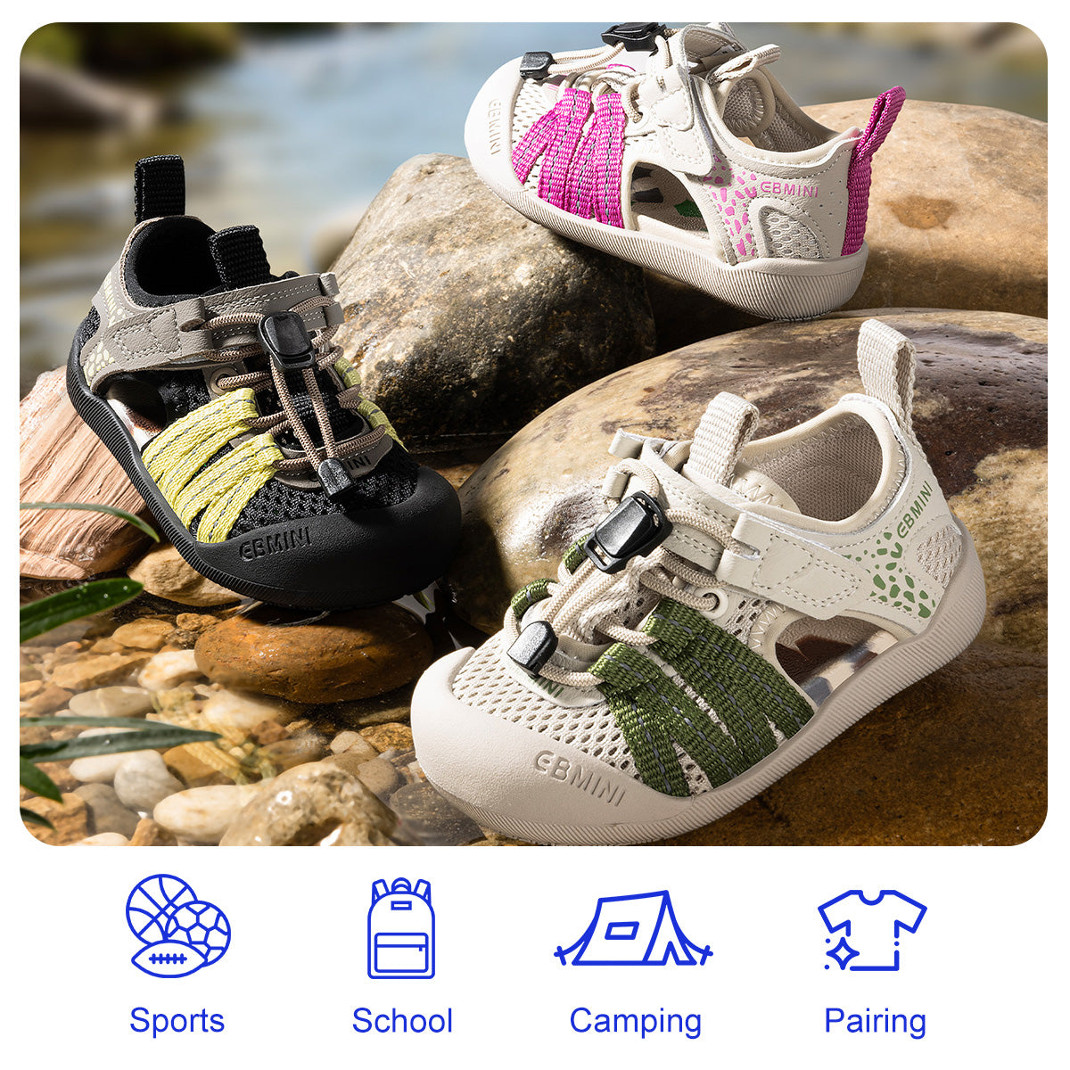 EBMINI TRAIL closed-toe toddler sandals shown during playground wear
