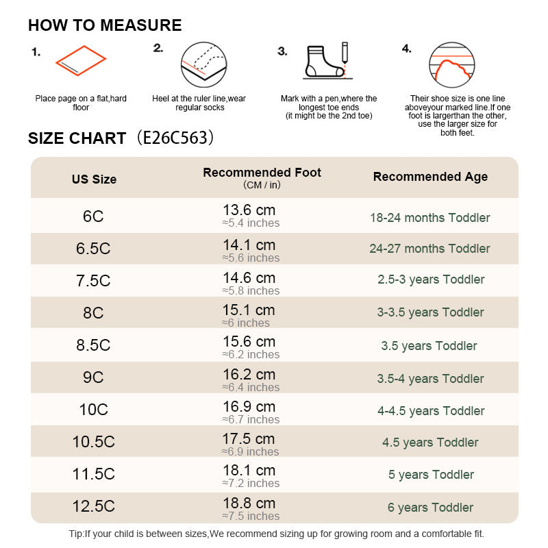 EBMINI VOYAGE toddler sneaker size guide and foot measurement chart